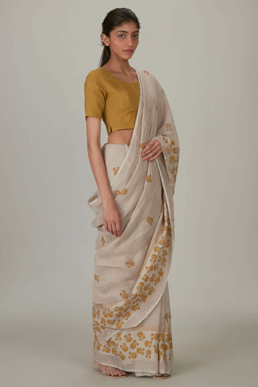 Anavila Spring Block printed linen sari