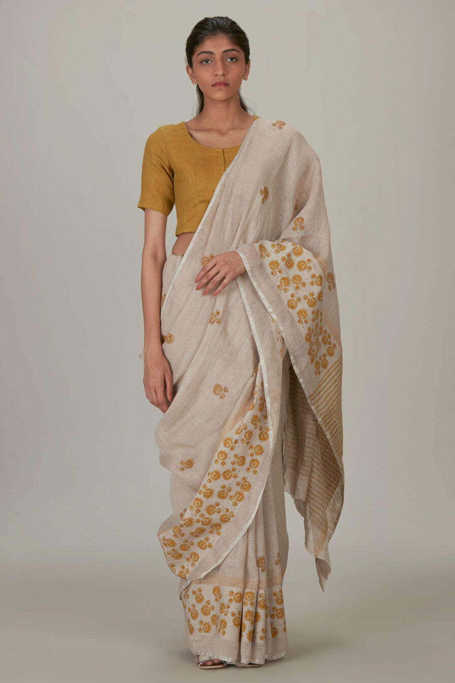 Anavila Spring Block printed linen sari