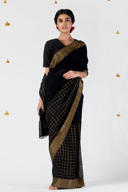Anavil Golden checkered jamdani sari