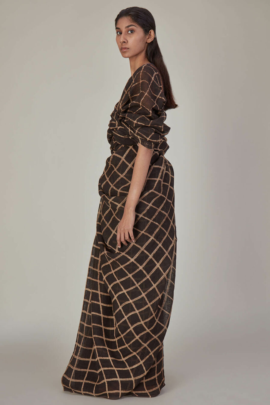 Anavila Printed Checkered Linen Sari