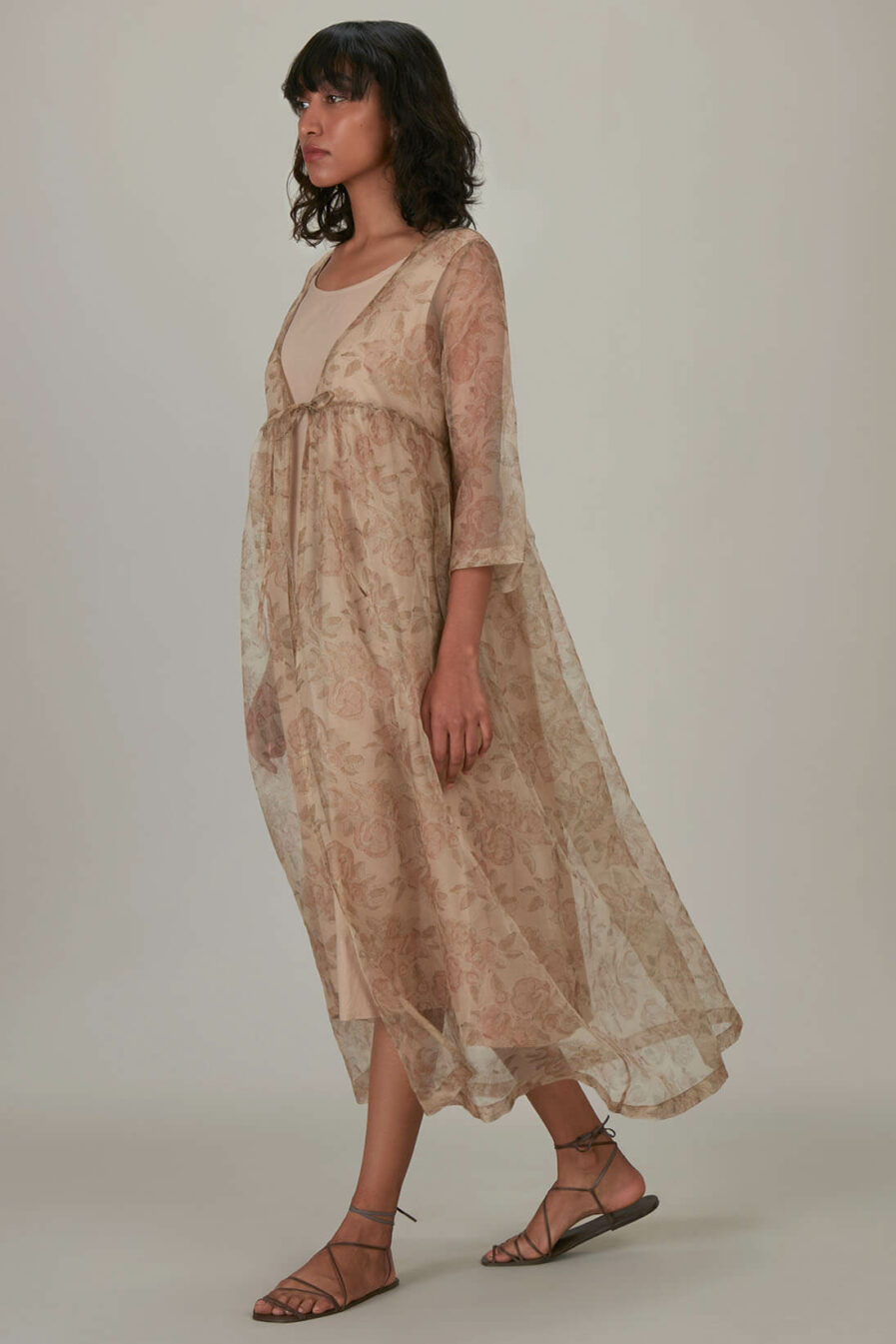 Anavila Peach Block Printed Organza Summer Dress