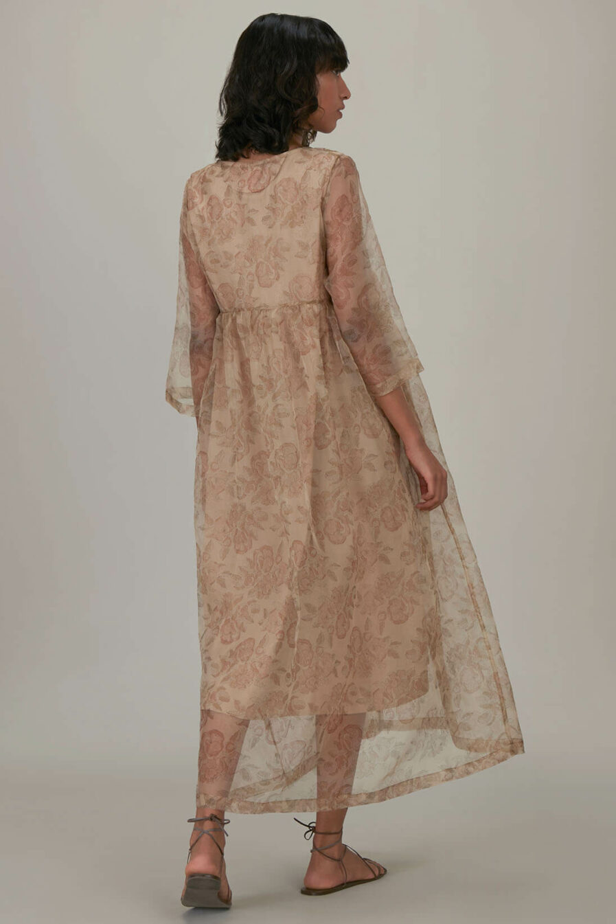 Anavila Peach Block Printed Organza Summer Dress