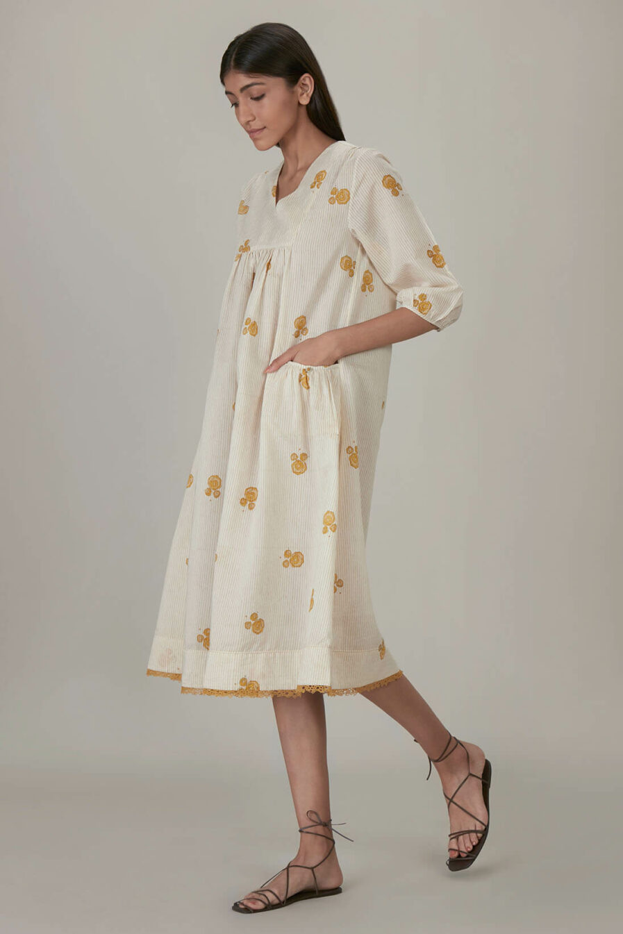 Anavila Yellow Block Printed Anne Dress