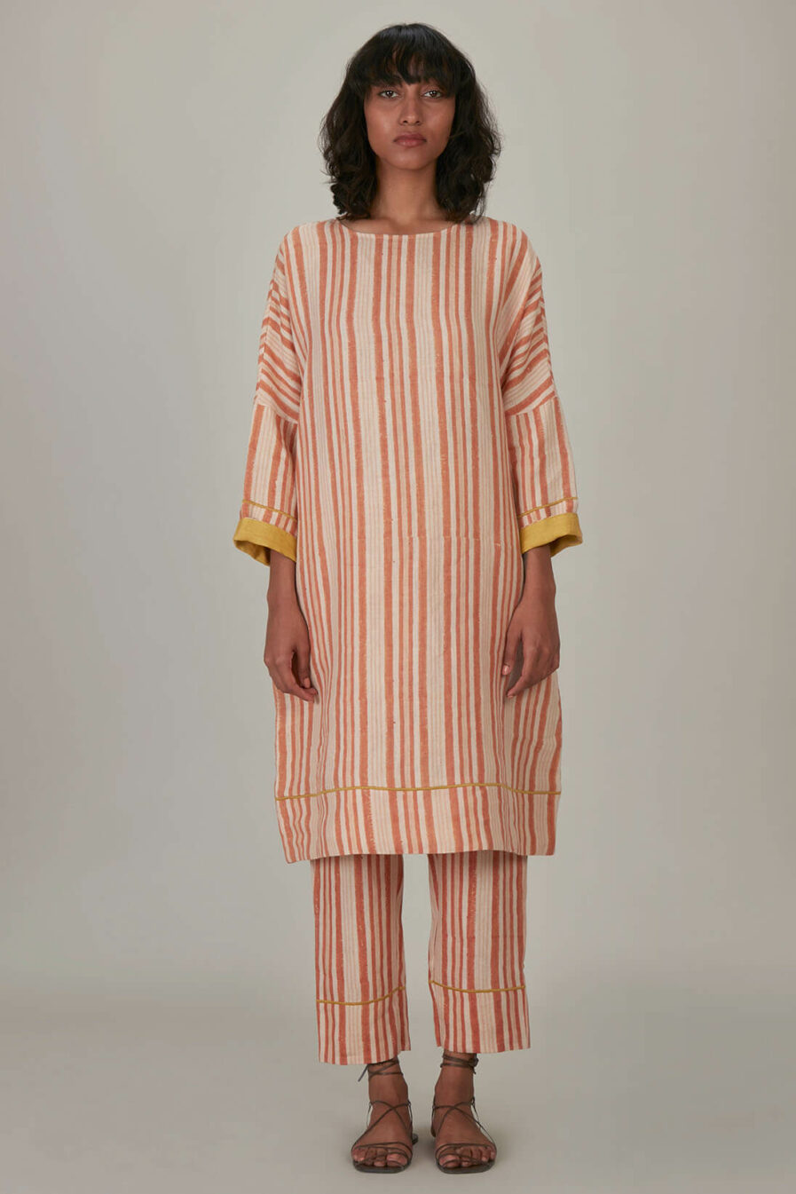 Anavila Peach Block Printed Stripes Organic Linen Tunic