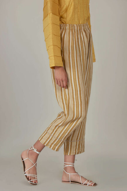 Anavila Yellow Block Printed Stripes Organic Linen Trouser
