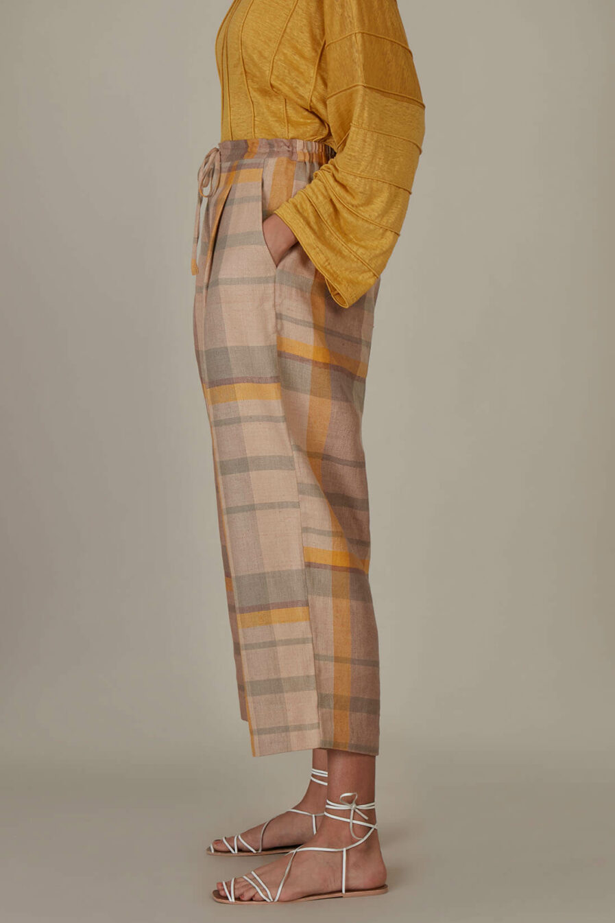 Anavila Yellow Plaid Linen Trouser