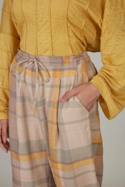 Anavila Yellow Plaid Linen Trouser