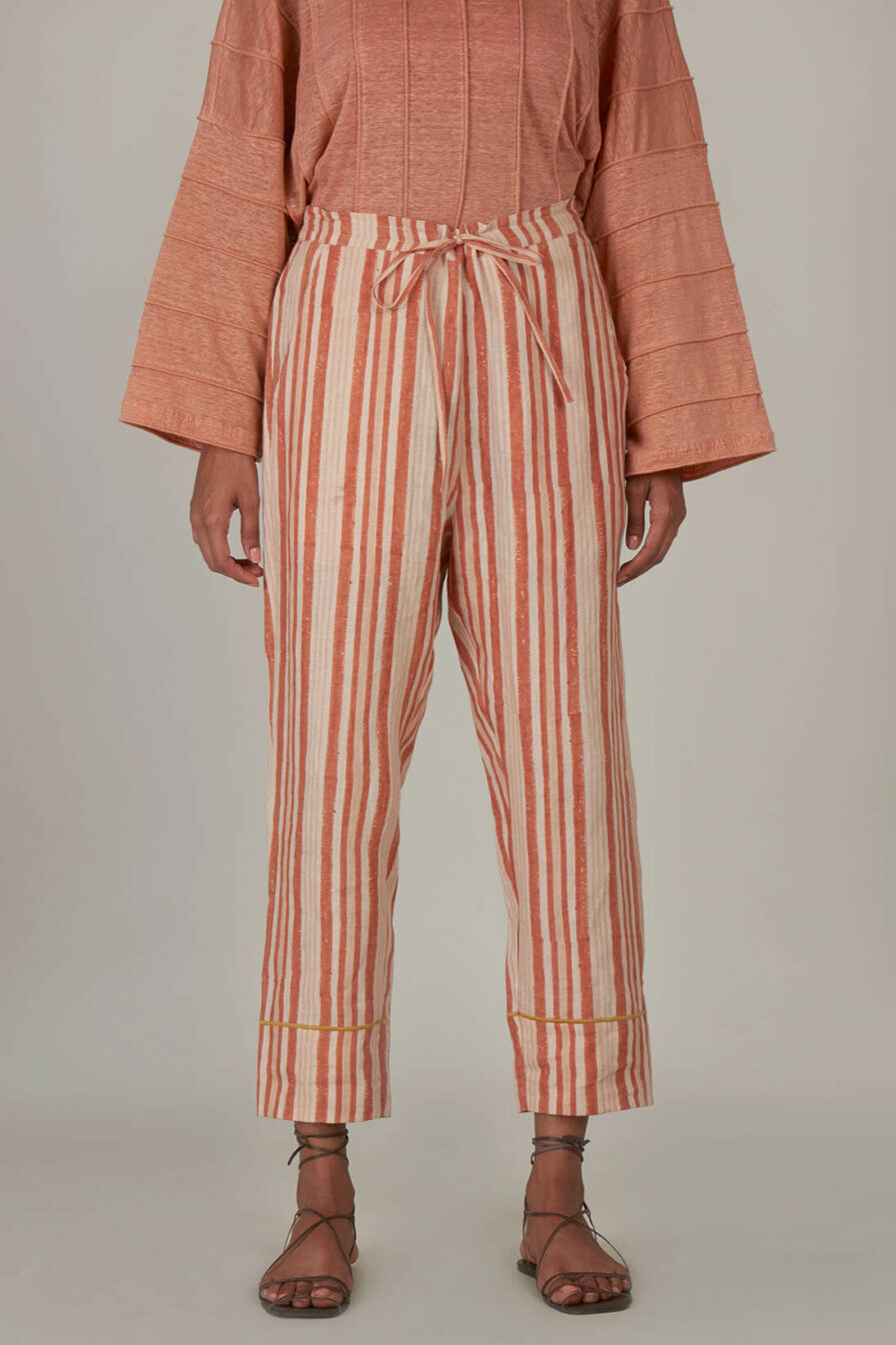 Anavila Peach Block Printed Stripes Organic Linen Trouser