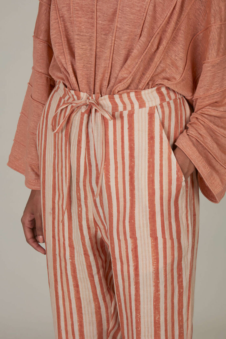Anavila Peach Block Printed Stripes Organic Linen Trouser