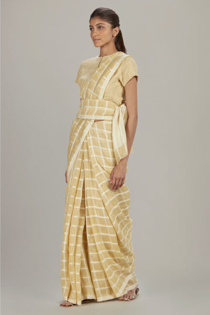 Anavil Ivory silk grid linen sari