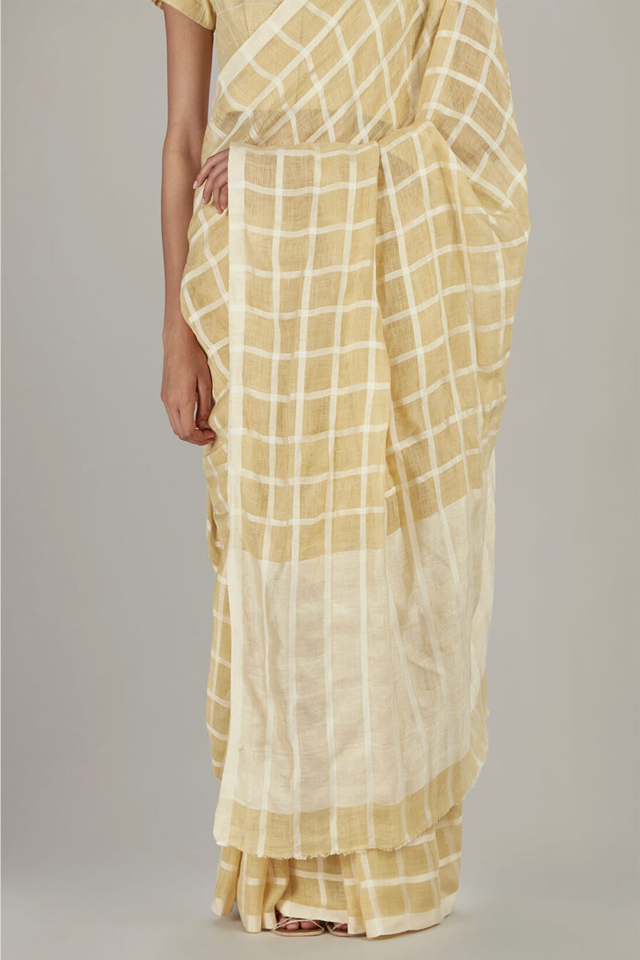 Anavil Ivory silk grid linen sari