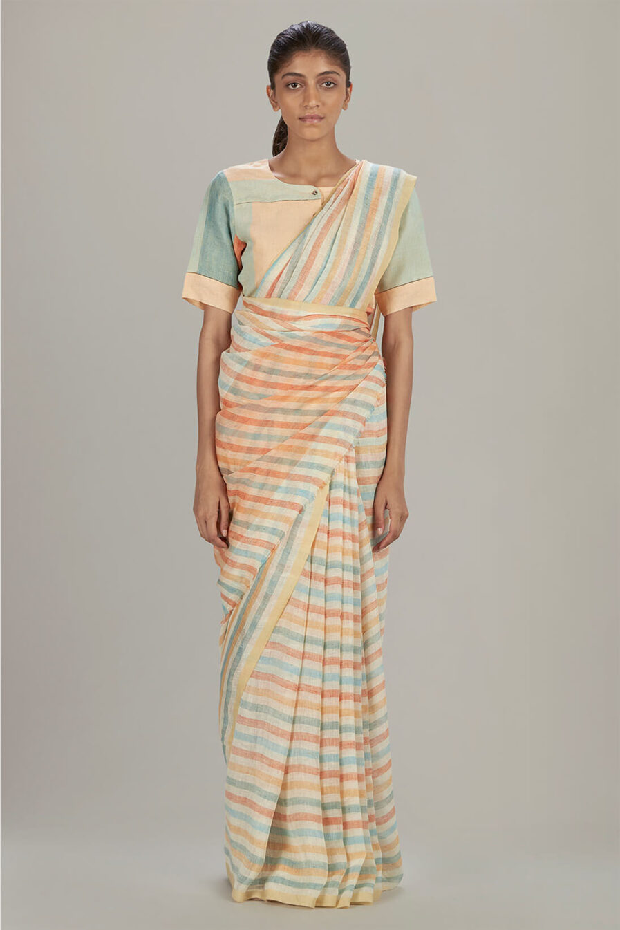 Anavil Graded stripe linen sari