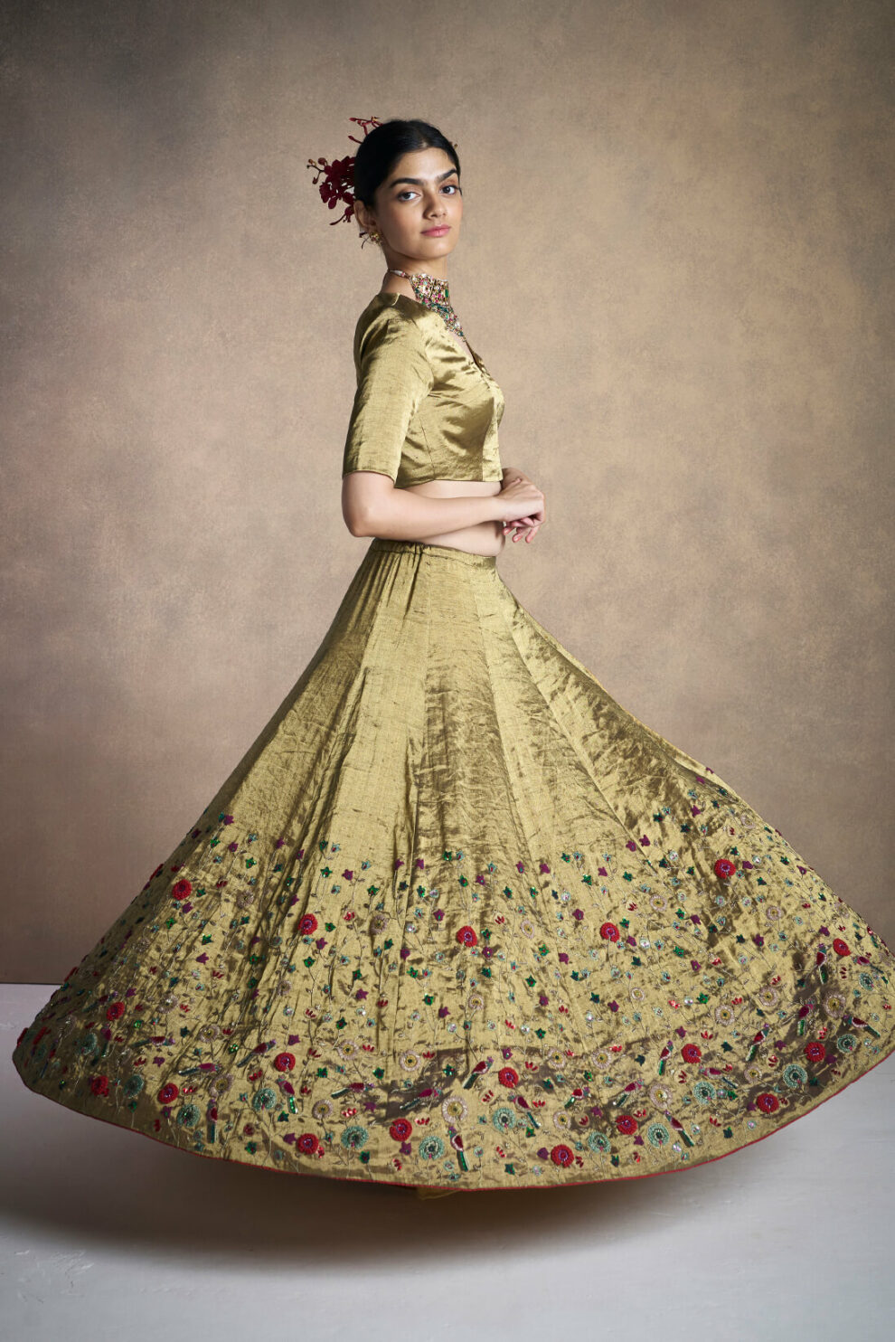 Rust Gold Tissue Embroidered Lehenga