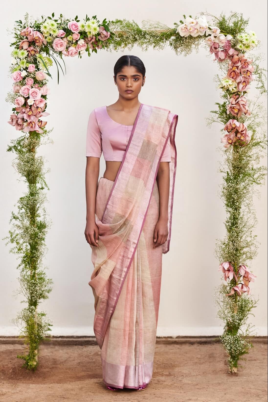Blush Shadow Linen Sari – Anavila