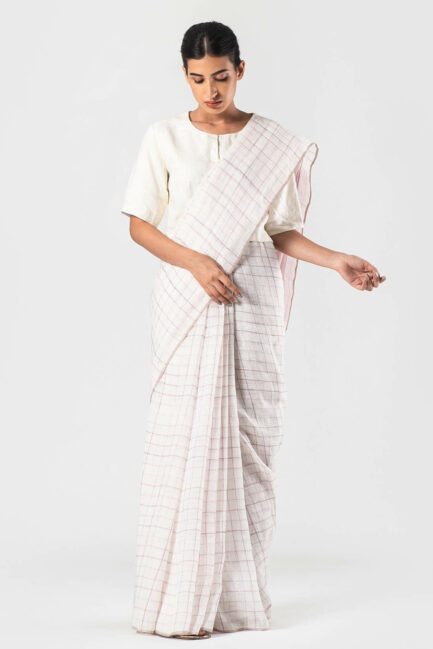 Anavila Lavender summer checkered linen sari