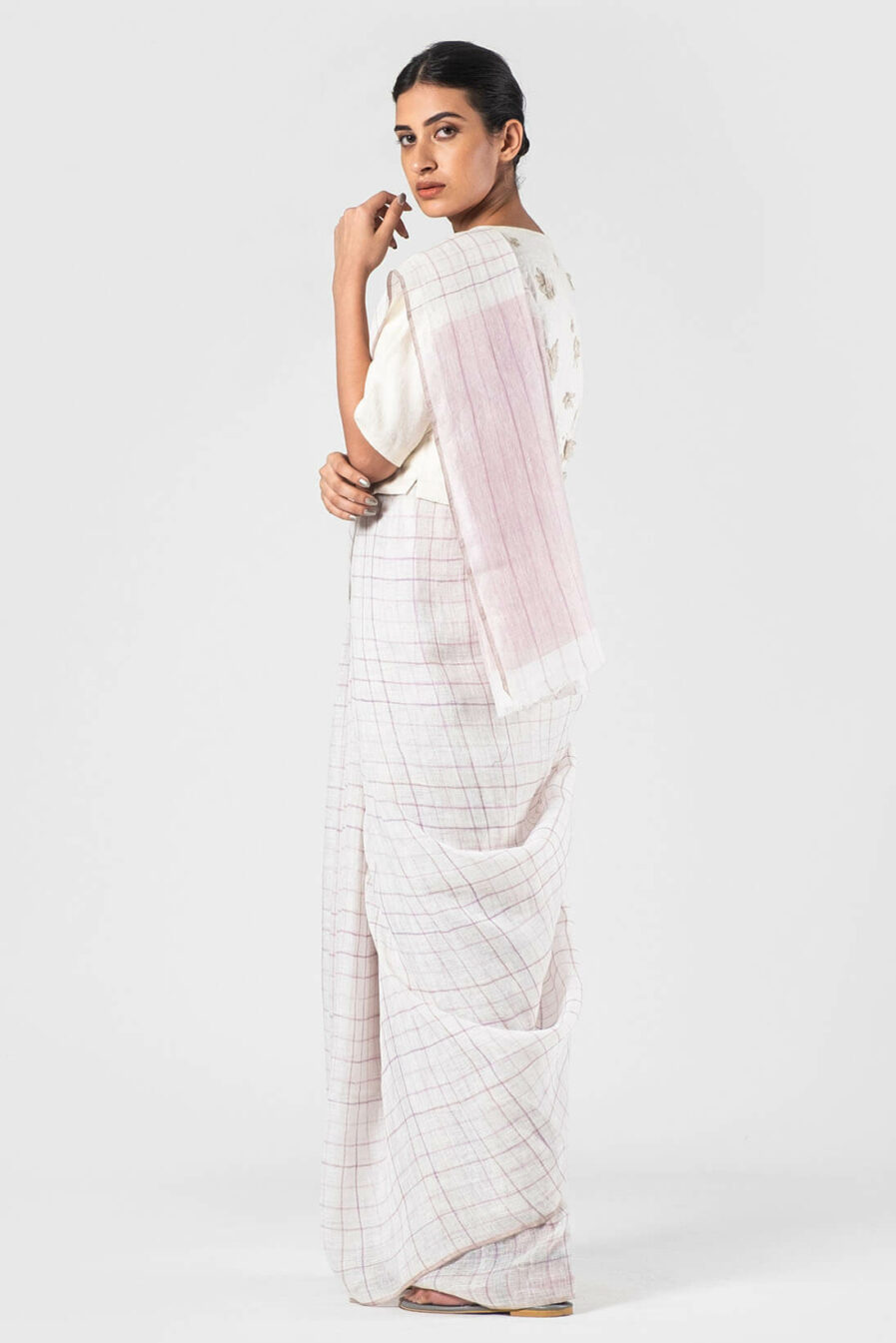 Anavila Lavender summer checkered linen sari