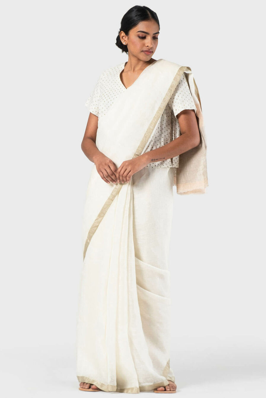 Anavila Ivory basic zari white sari