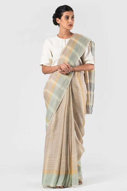 Anavila Dark grey Natural plaid summer linen sari