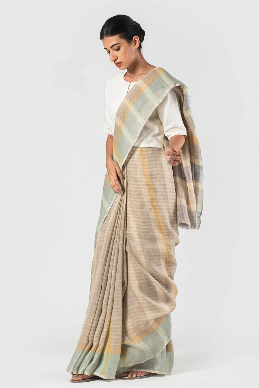 Anavila Dark grey Natural plaid summer linen sari