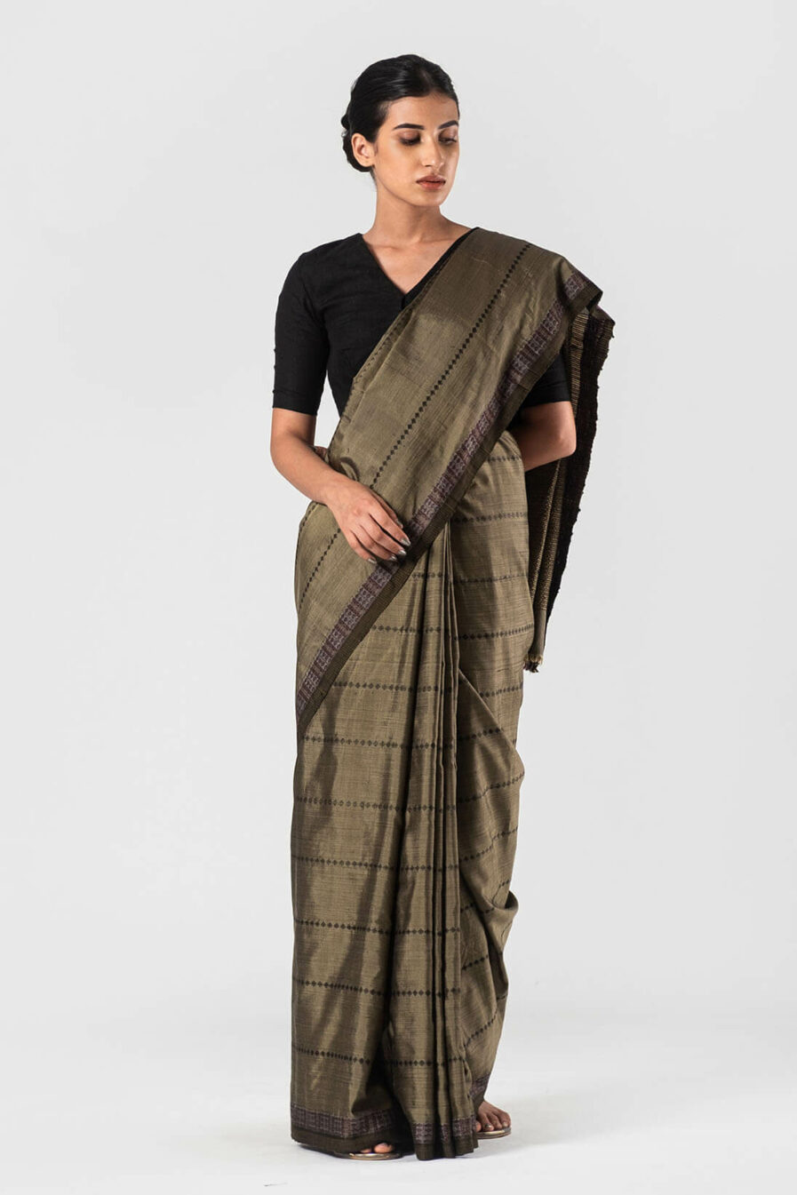 Anavila Khaki Silk jacquard sari