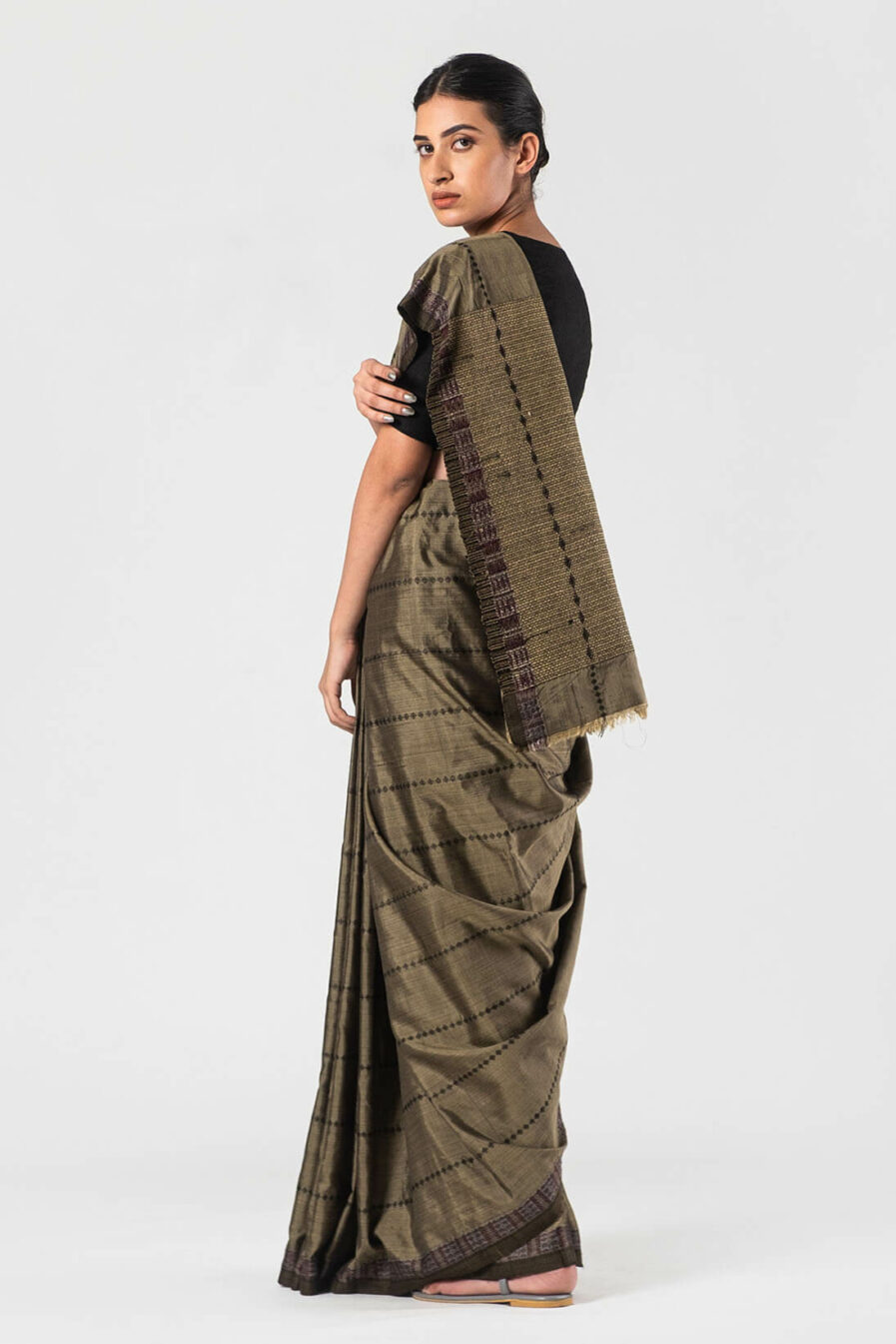 Anavila Khaki Silk jacquard sari