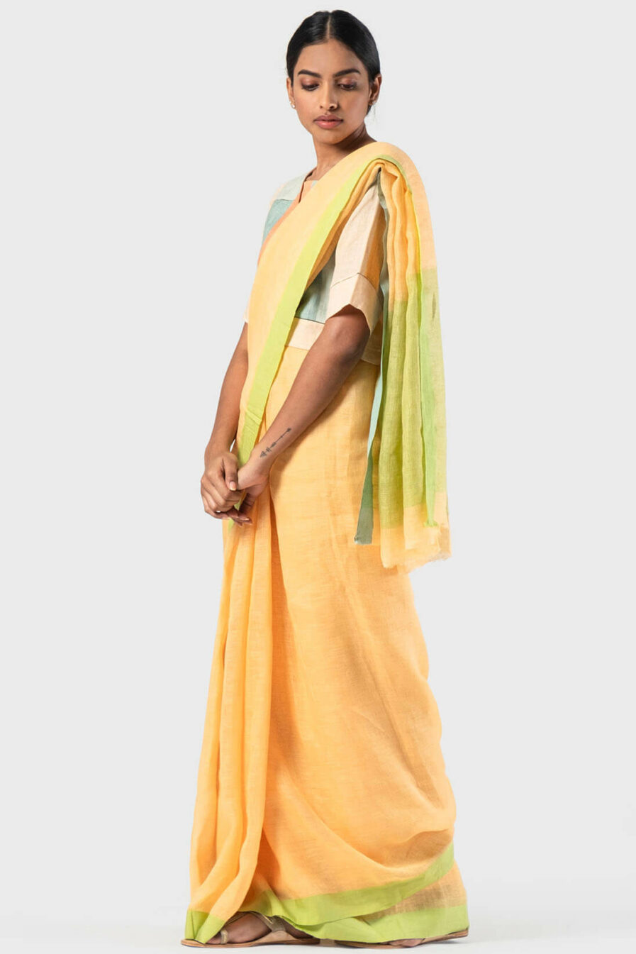 Anavila Light orange Mint cotton border sari