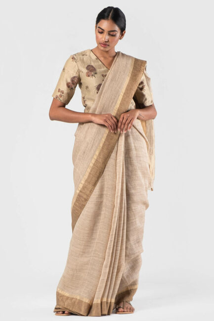 Anavila Beige Classic linen yarn dye sari