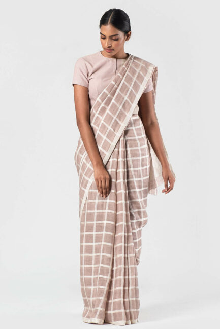Anavila Beige Ivory silk grid linen sari