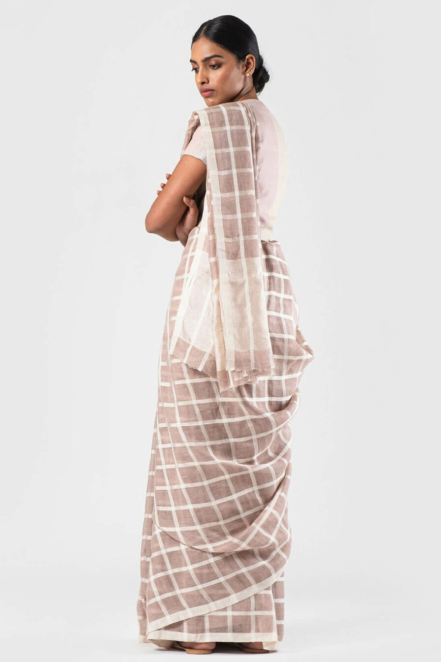 Anavila Beige Ivory silk grid linen sari