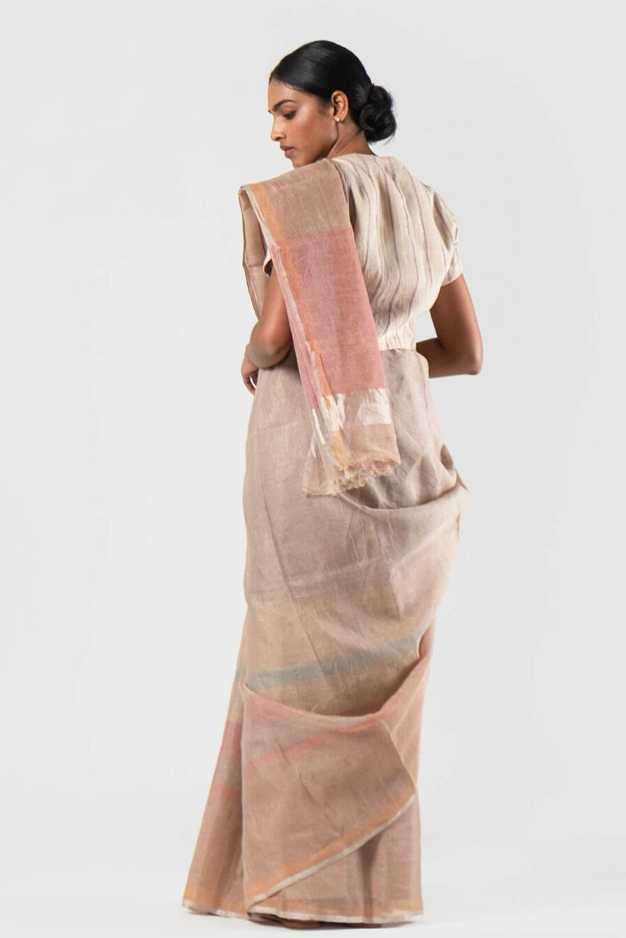 Anavila Natural pink Autumn stripe zari sari