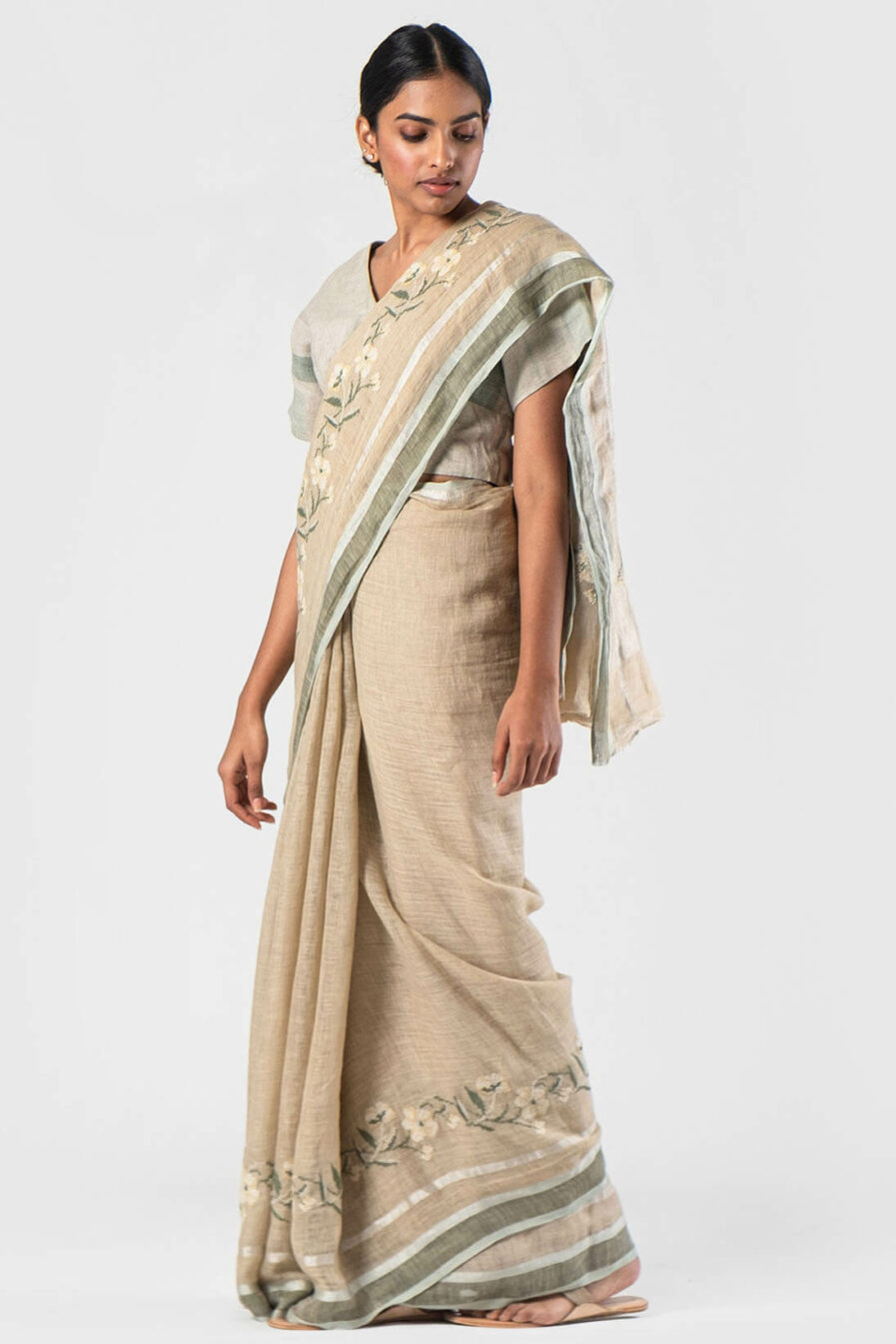 Anavila Beige Flora cross stitch sari