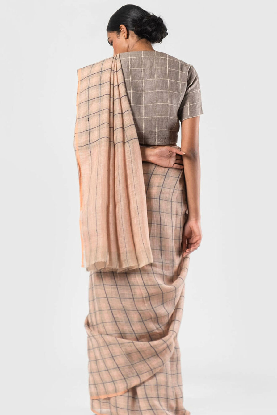 Anavila Peach Shadow checkered linen sari