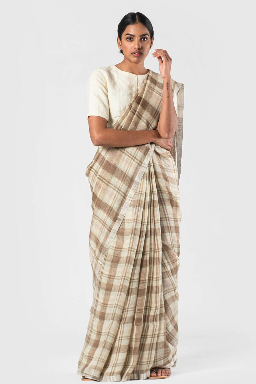 Anavila Khaki off white Summer plaid sari