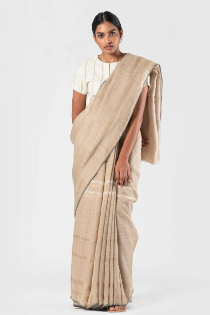Anavila Beige Abstract leno striped linen sari