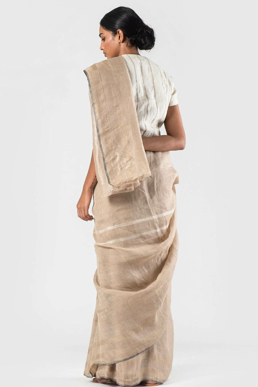 Anavila Beige Abstract leno striped linen sari