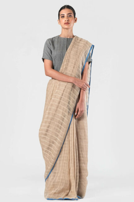 Anavila Beige Soft checkered indigo pallu sari