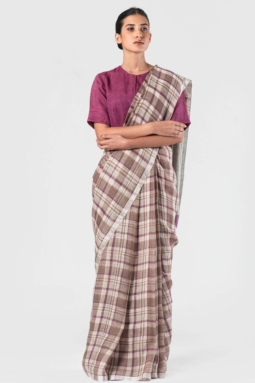 Anavila Khaki-purple Summer plaid sari