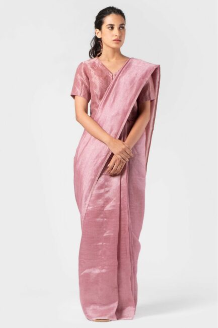 Anavila Dark thulian soft mauve metallic sari