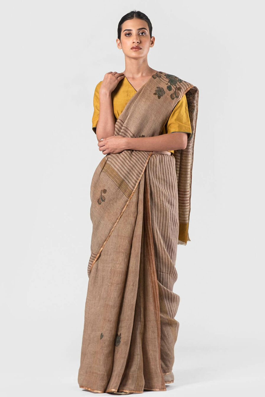 Anavila Fawn Multi stripes floral block printed sari
