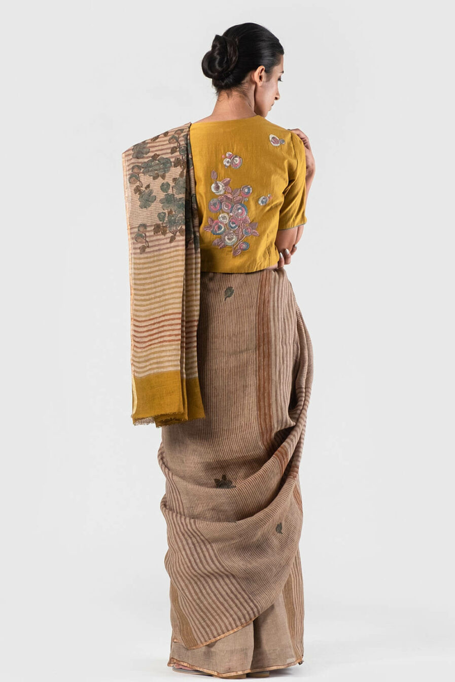 Anavila Fawn Multi stripes floral block printed sari