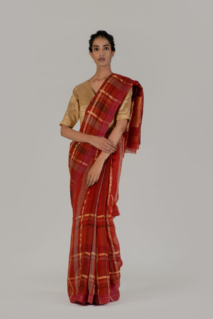Anavil Zari checkered sari