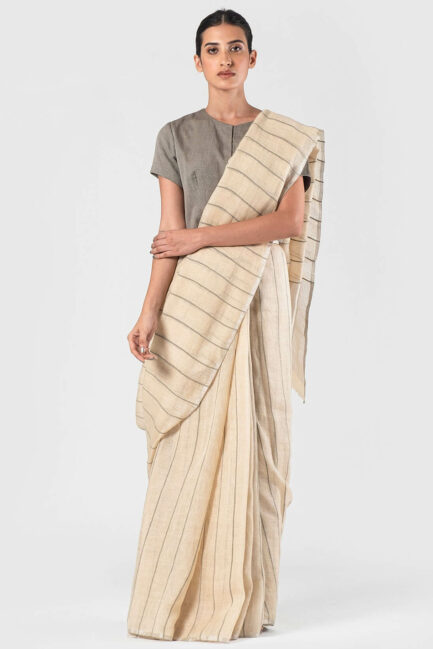 Anavila Beige Ribbed cotton detail linen sari