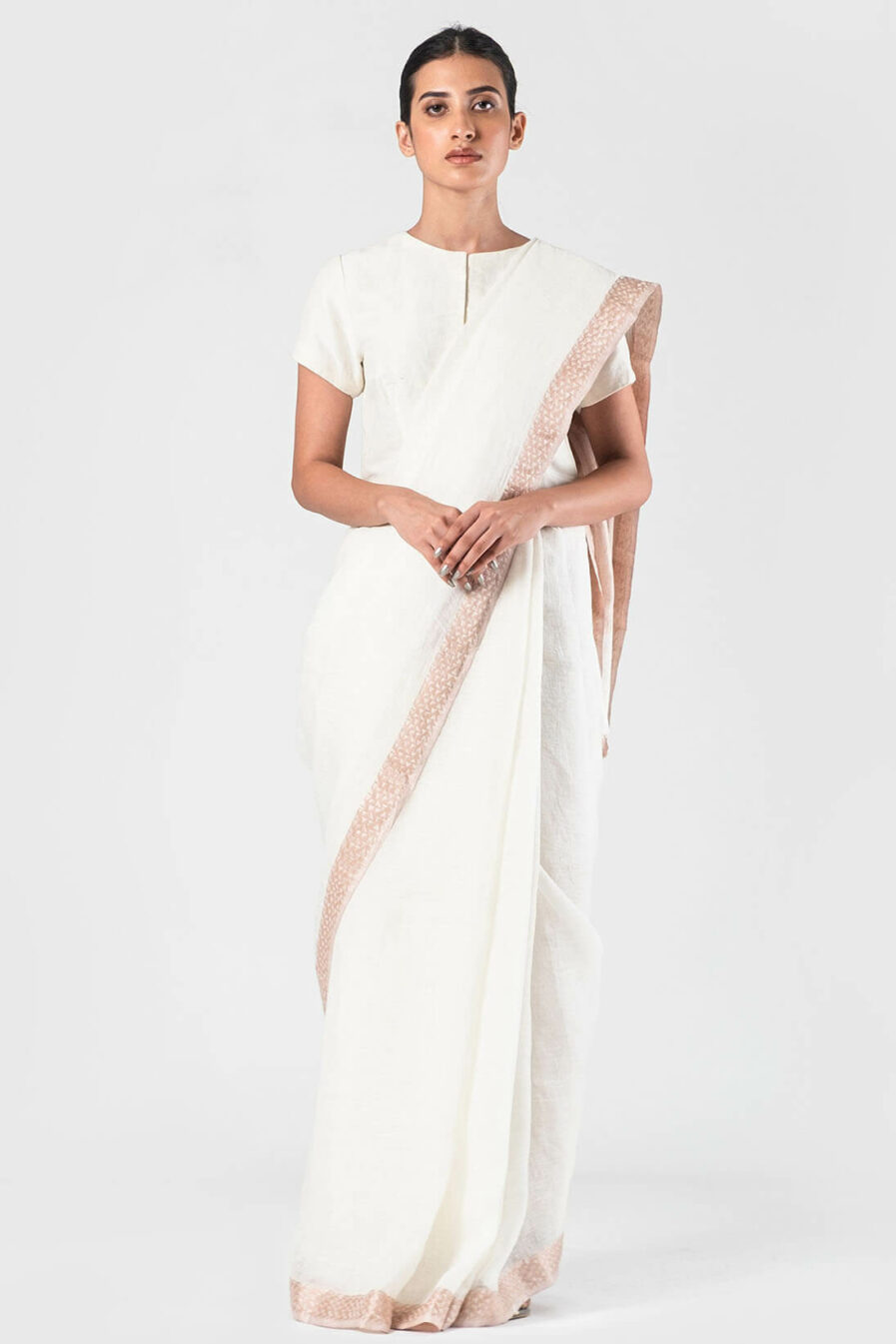 Anavila White New jacquard border sari