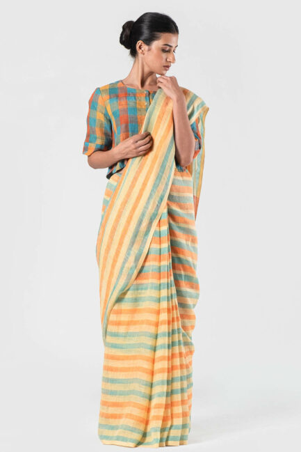 Anavila Squash and Aqua Graded stripes linen sari
