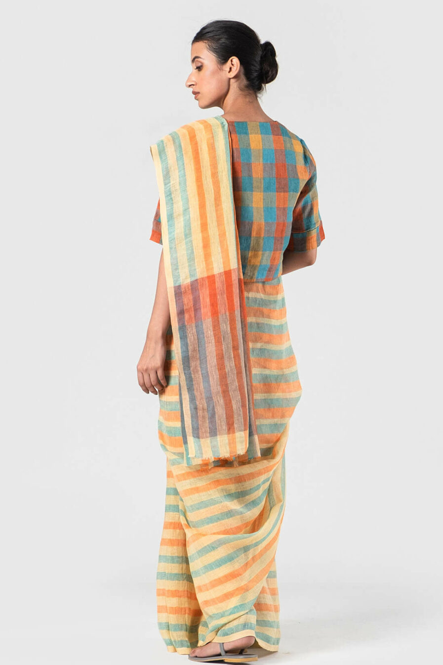 Anavila Squash and Aqua Graded stripes linen sari