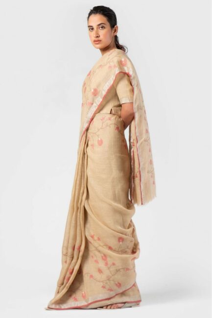 Aanavila French rose linen jamdani sari