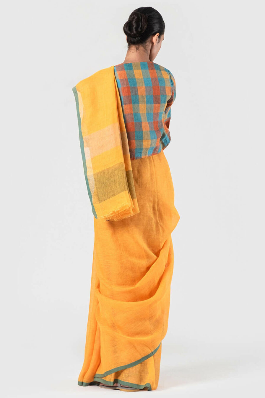 Anavila Orange Teal and plum selvedge linen sari