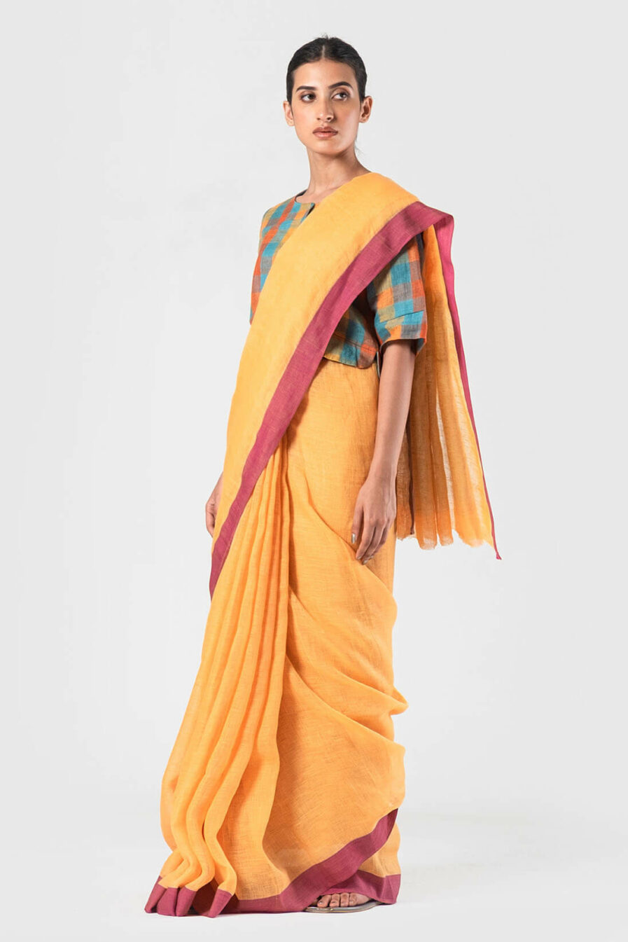 Anavila Tangerine Grape cotton border linen sari