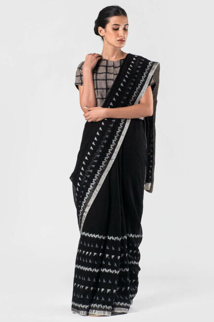 Anavila Black Linen triangular jamdani sari