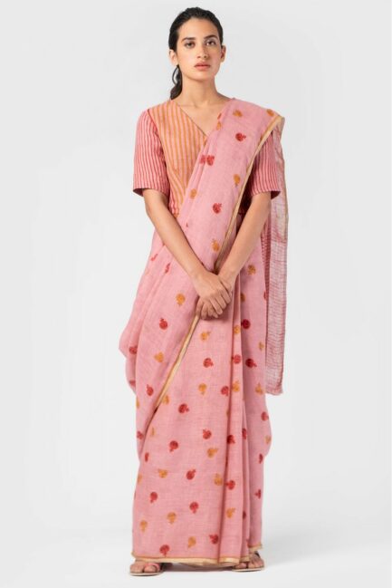 Anavila Pink anar block print sari